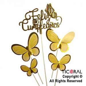 CAKE TOPPER FELIZ CUMPLEAOS ORO CON MARIPOSAS CON STAMPING AMARILLO X 1